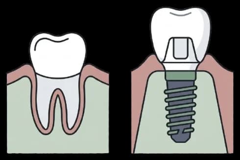 Schéma zubného implantátu v čeľustnej kosti vedľa zdravého zuba